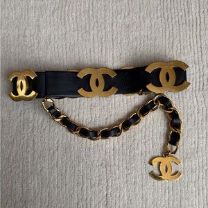 CHANEL Black Leather Belt with Gold Chain